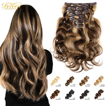 Load image into Gallery viewer, Doreen 120 grams Clip In Human Hair Extensions European Machine Made Remy 100% Human Hair Highlight Caramel Ombre color
